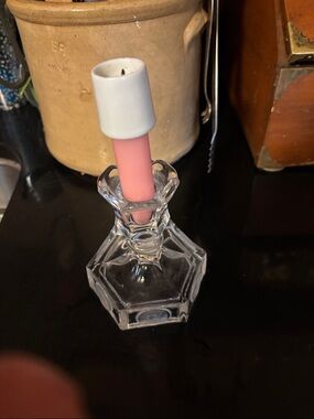 Vintage Clear Glass Candlestick with Pink Taper